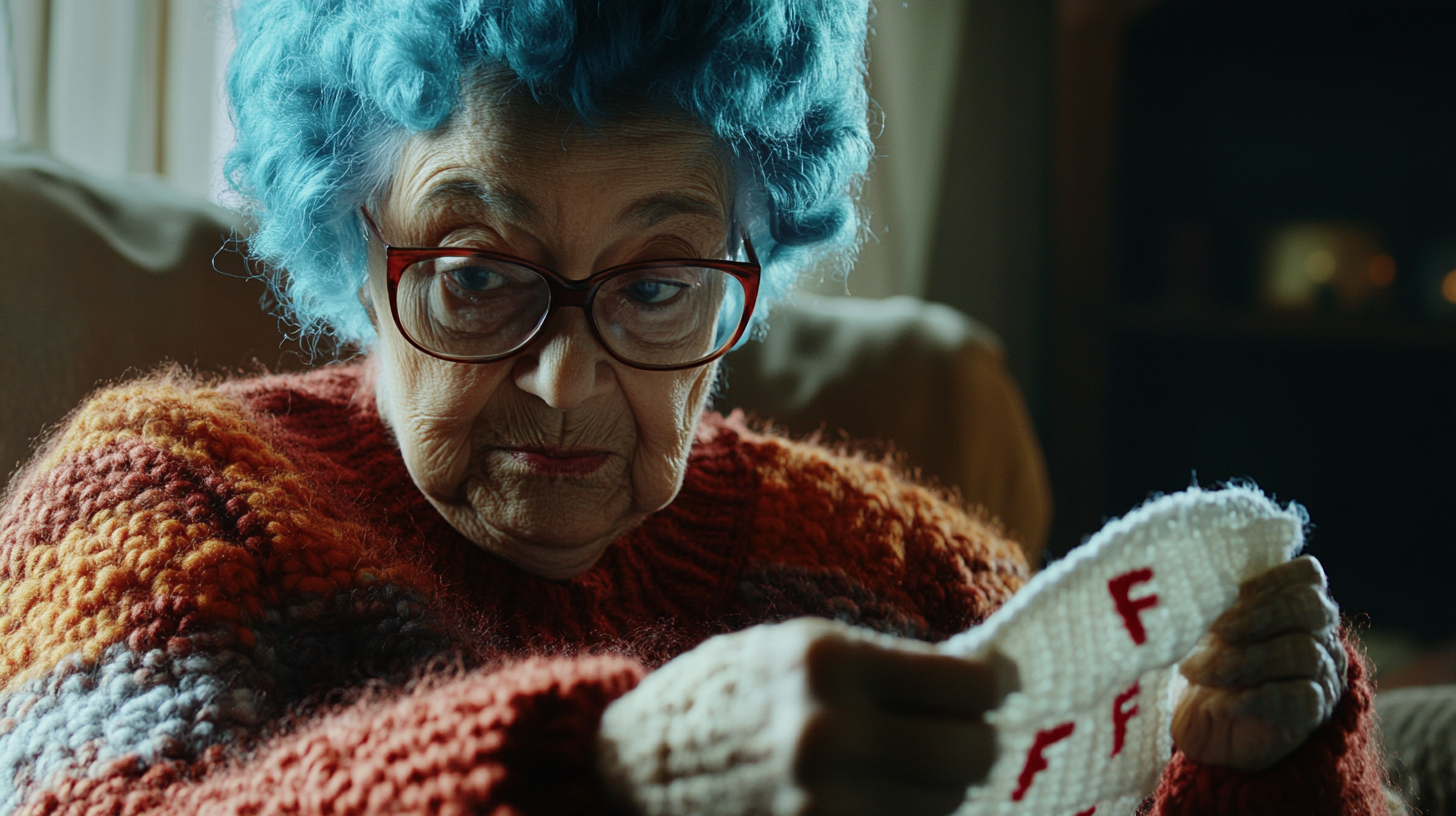 Image of the Evil Inner Critic, Edna, knitting a report card with an "F" on it in red yarn.