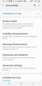 Android Accessibility Settings menu. Long press Interaction and dexterity to access more options.