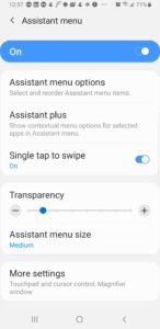 Android Assistant menu options. Enable Single tap to swipe.