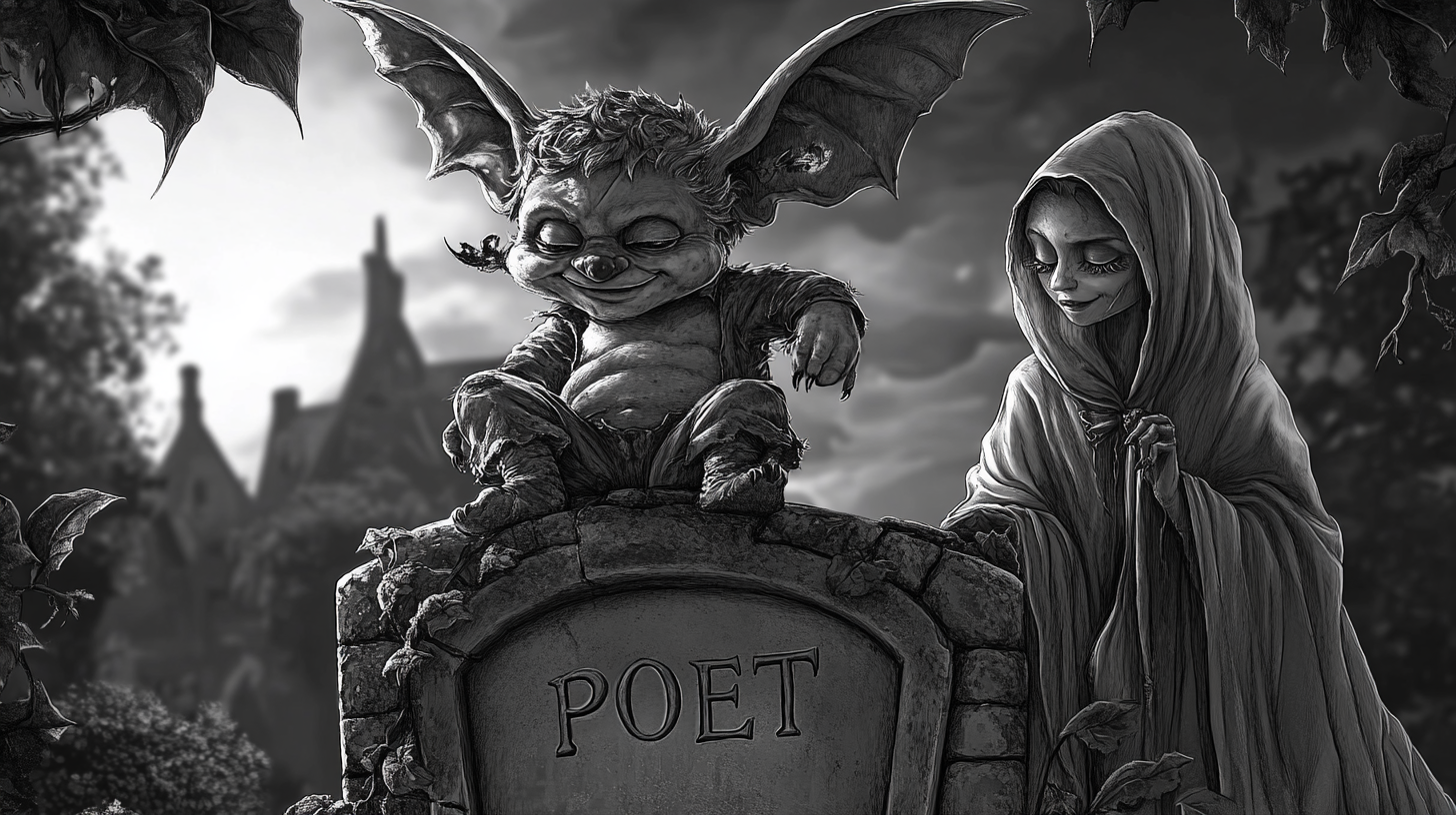 A mischievous imp sits on top of a headstone carved with the word POET as a ghostly witch looks on