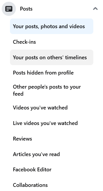 Facebook Activity log - Posts dialog box.