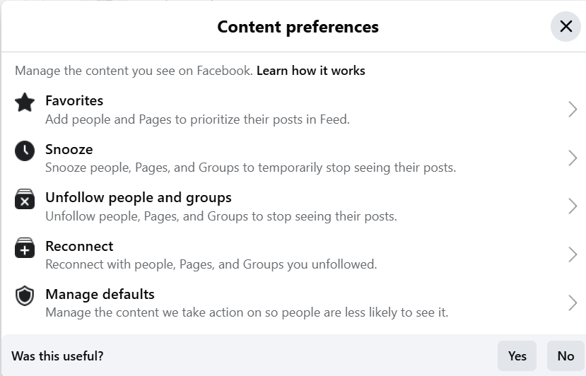 Facebook Content preferences dialog box.