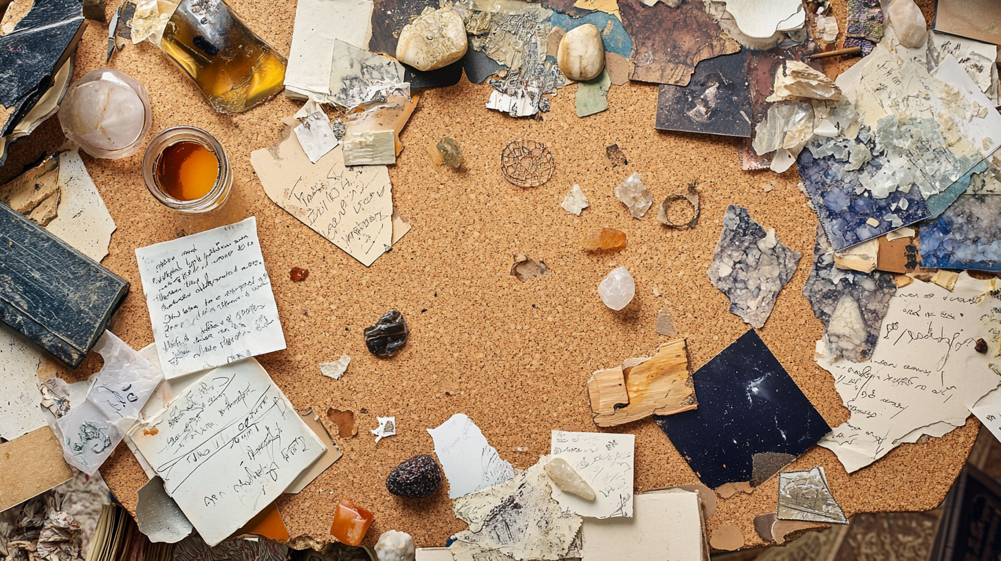 A cluttered puzzle desk with random scribbles, stones, and other objects. Merely decorative image.