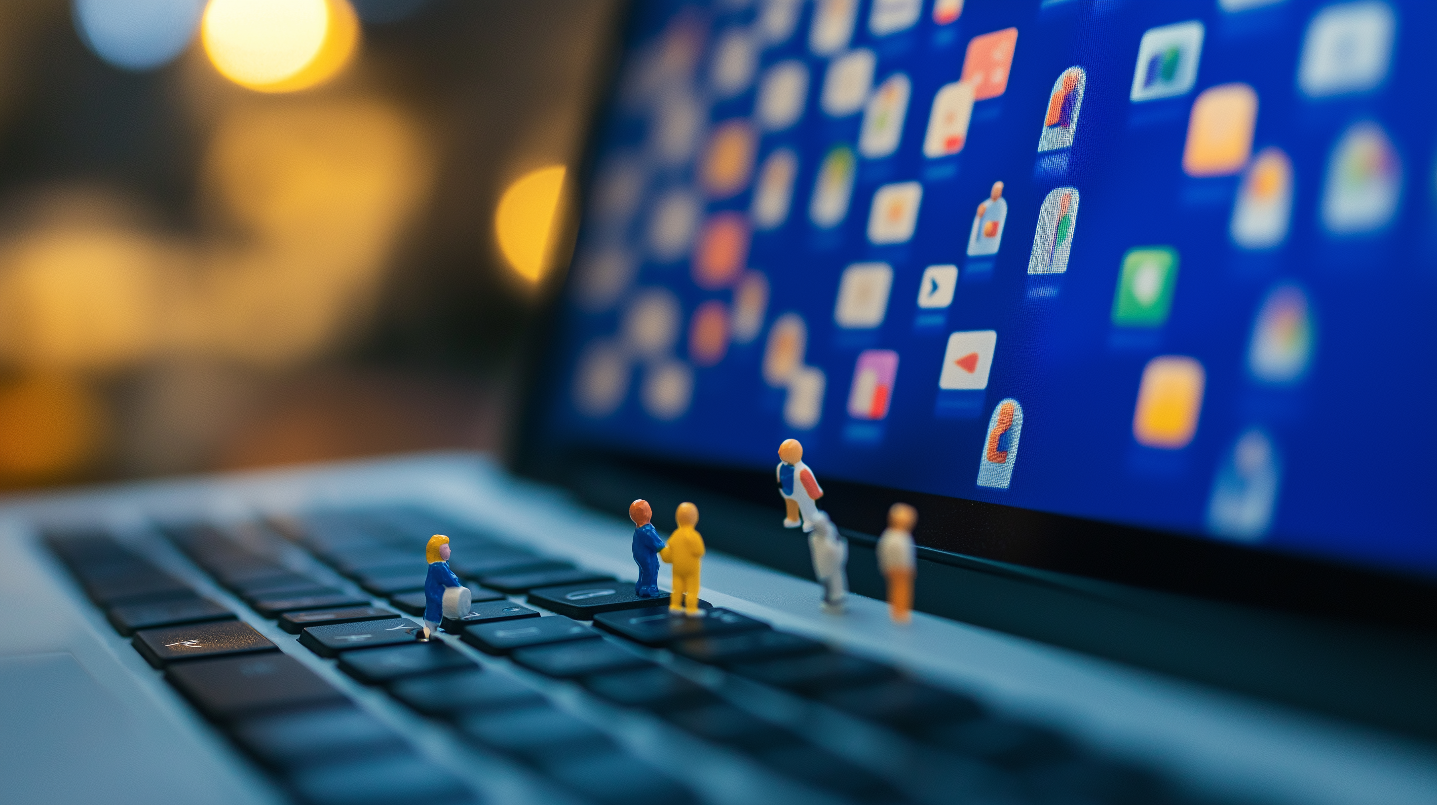 Tiny people wander aimlessly on a laptop PC keyboard.