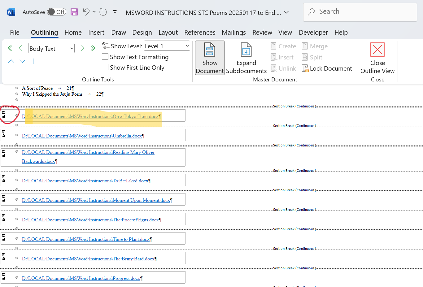 Screenshot showing where described options are located in MS Word.