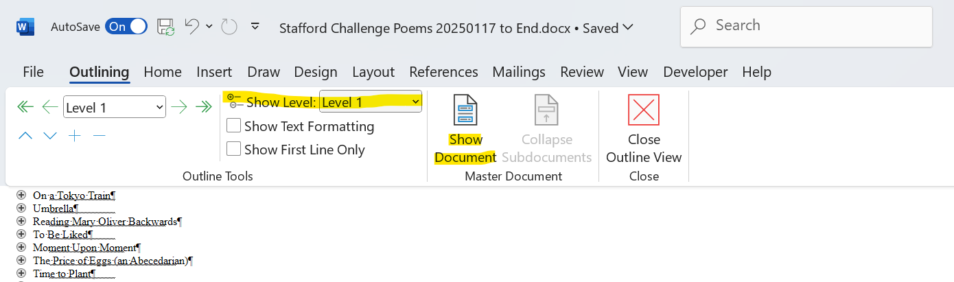 Screenshot showing where described options are located in MS Word.