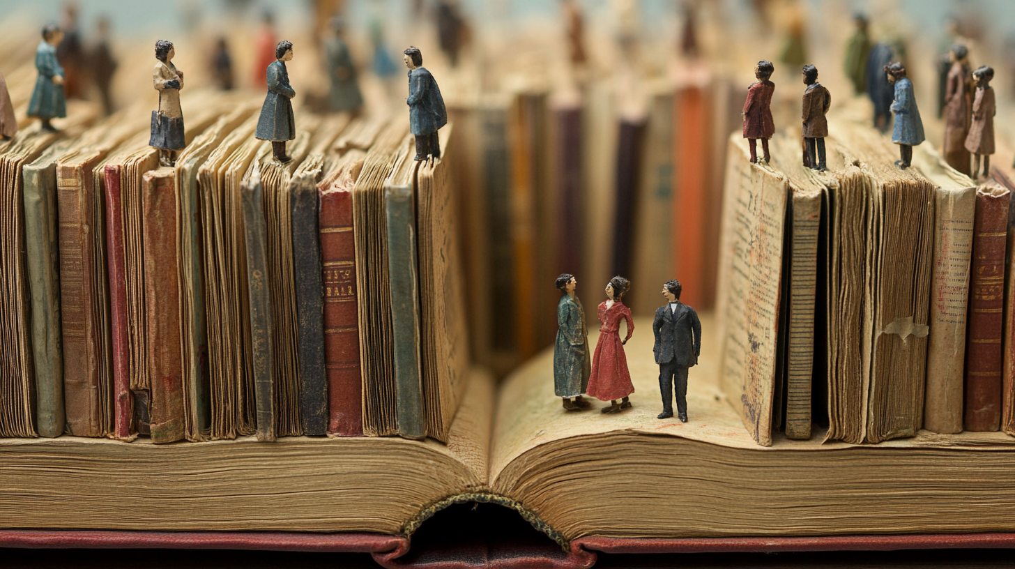 AI generated image from the prompt "From one big book many tiny books emerge" to illustrate the concept described in this post. Tiny sculpted figures of people stand on the books.