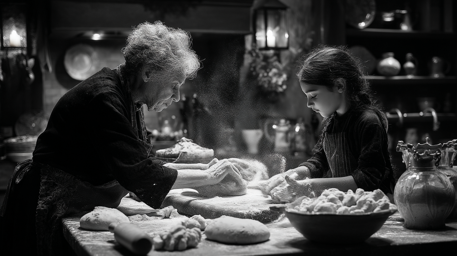 Older woman helping young woman to knead dough for bread