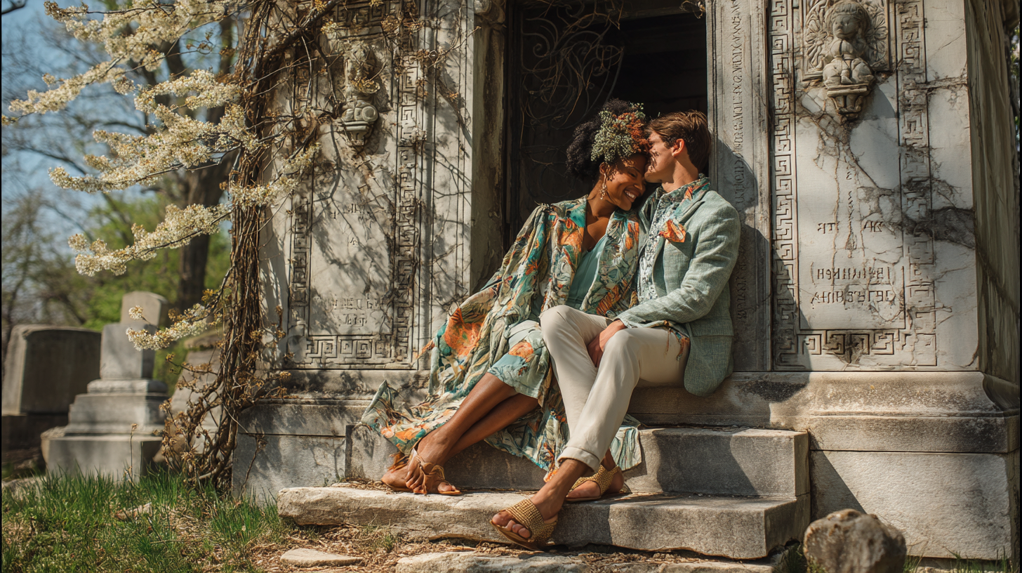 Two lovers embrace on the steps of a mausoleum. Memento mori.