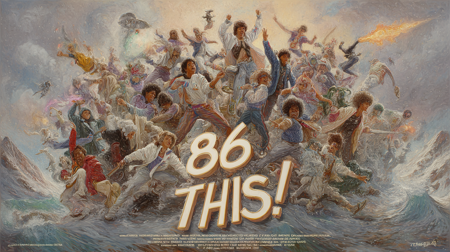 A fake movie poster for "86 THIS!" and shows a crowd of happy people on a hill.