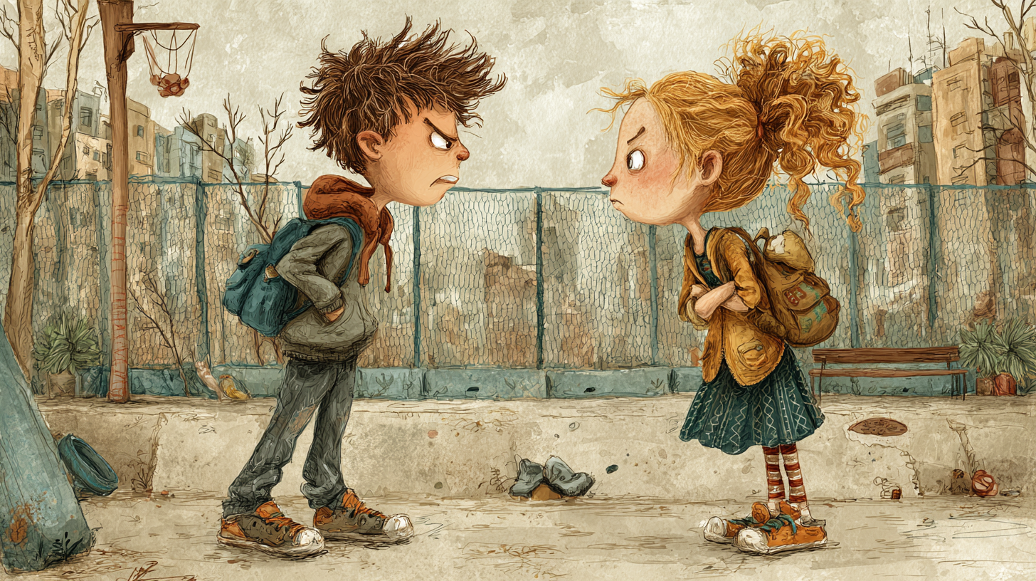 A bully faces off with a scrappy little girl on the playground.