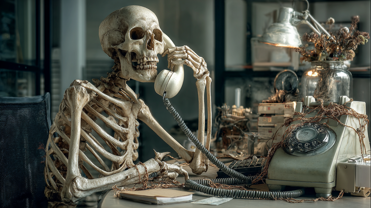 Still waiting... a skeleton waits on hold with an old land line receiver held to its ear.