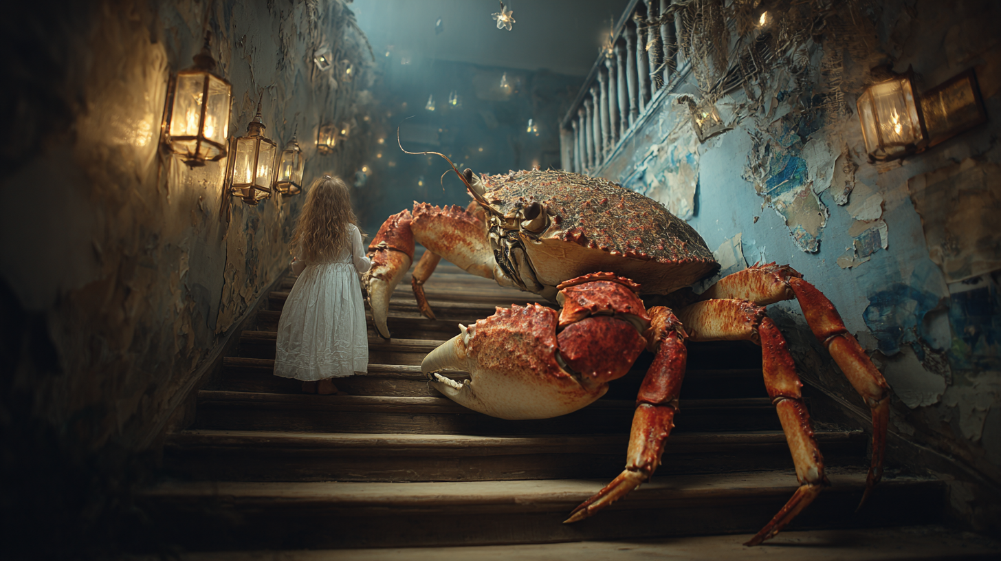 It's a horror show, all right. I tried to get "an ingenue crab-walking up dimly-lit stairs to creepy music" and got a little girl walking up creepy stairs next to a giant crab. Whatever. That's AI for ya. Doesn't always give you what you want, but sometimes gives you exactly what you need.