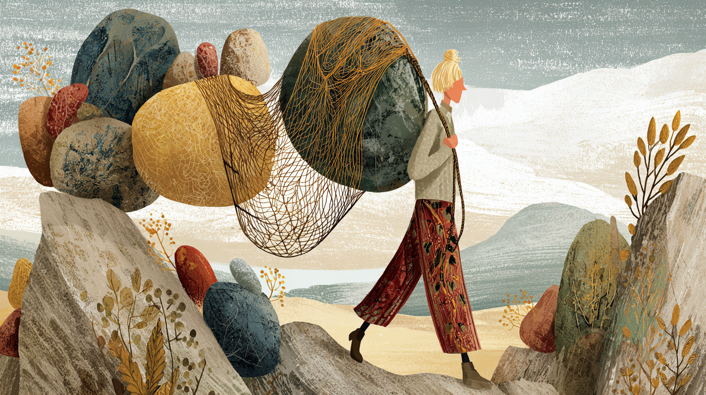 An idealistic woman carrying boulders in a net bag