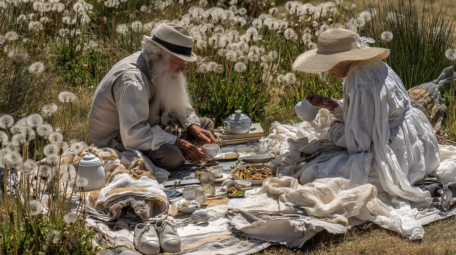 Old man and woman having tea in a field of dandelions gone to seed.