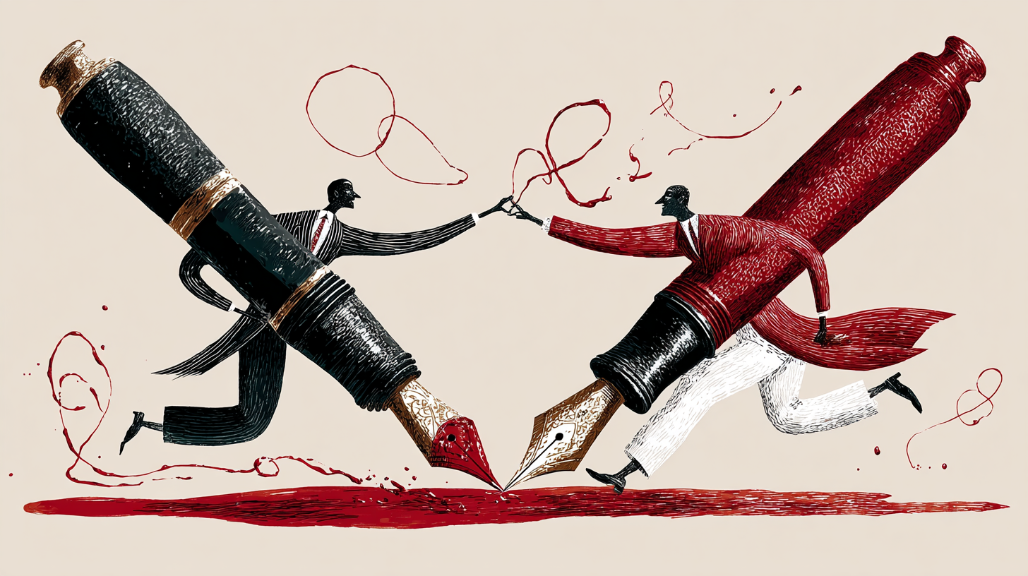 Illustration: Two writers duel with fountain pens