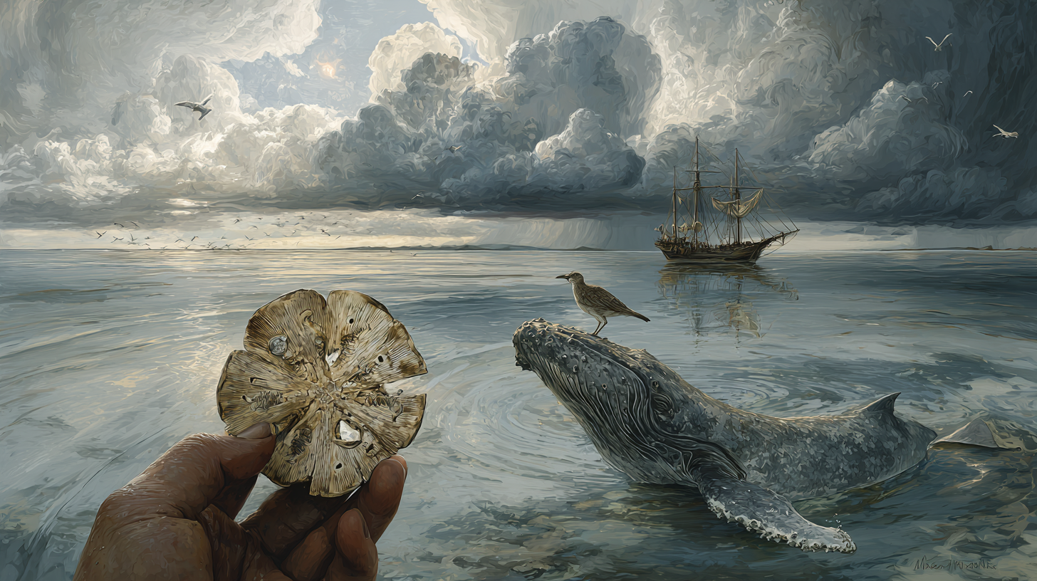 A hand holds a battered sand dollar in the foreground. In the middle ground, a bird perches on a whale's nose. In the background, an old tall ship and gathering storm clouds.