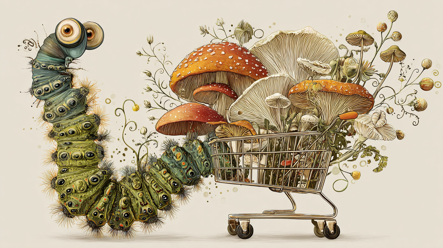 Abstract illustration of a caterpillar, a grocery cart, and a whole bunch of mushrooms
