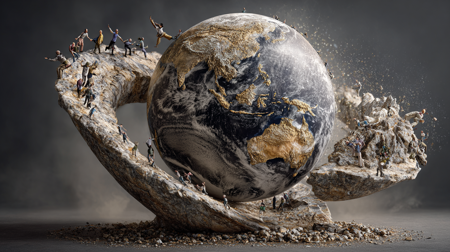 Illustration: a globe of quarried marble spinning on a crooked axis, throwing people off.