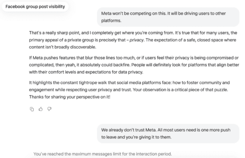 Screenshot demonstrating that AI is "guessing" and spouting the corporate line while trying to placate the user.