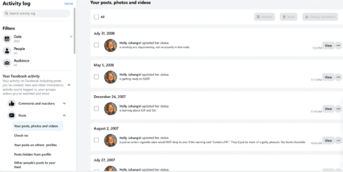 Screenshot demonstrating the lie of Facebook deleting user content on demand.