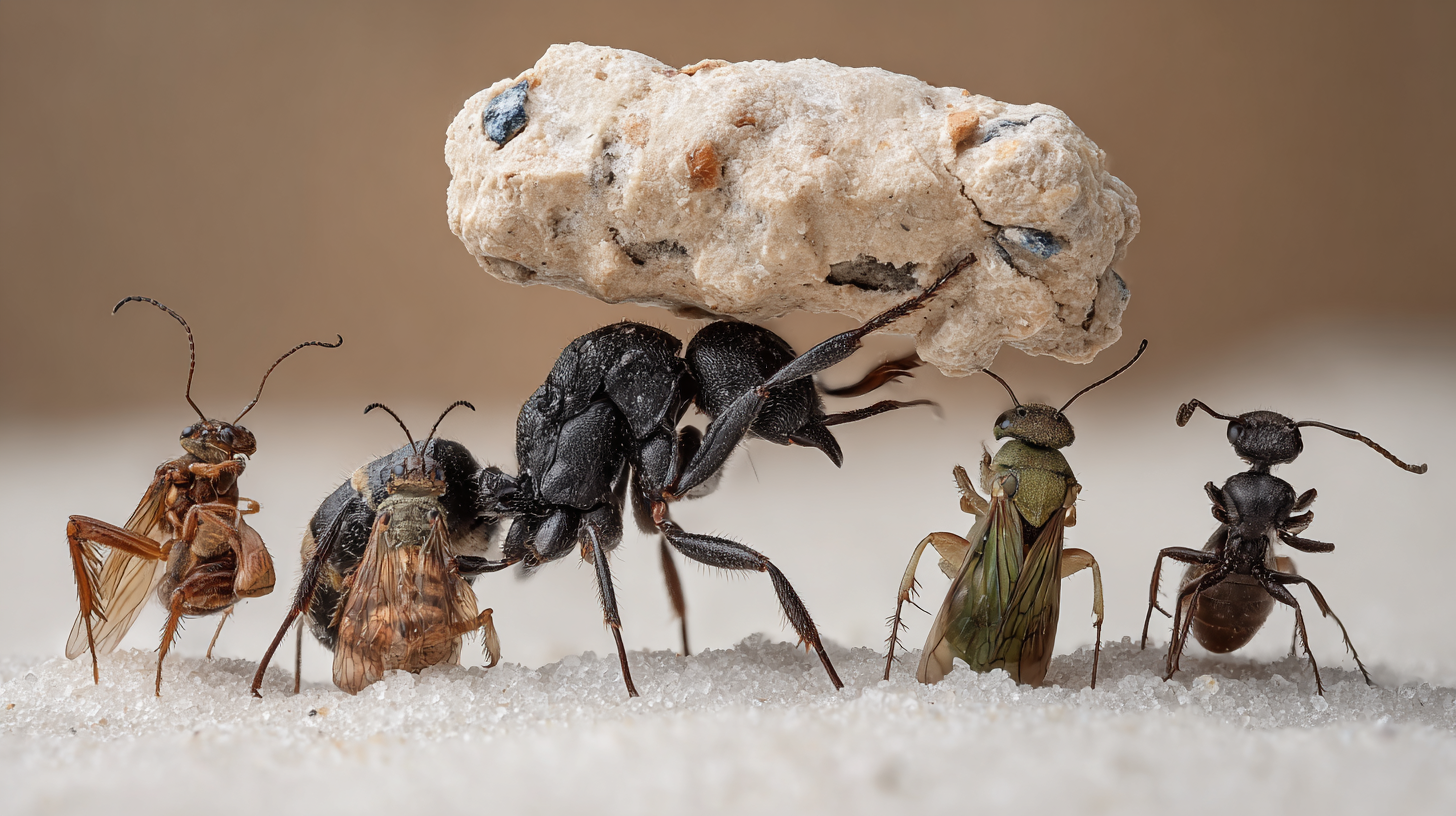 An ant carries a crumb five times its size to the awe of surrounding insects.