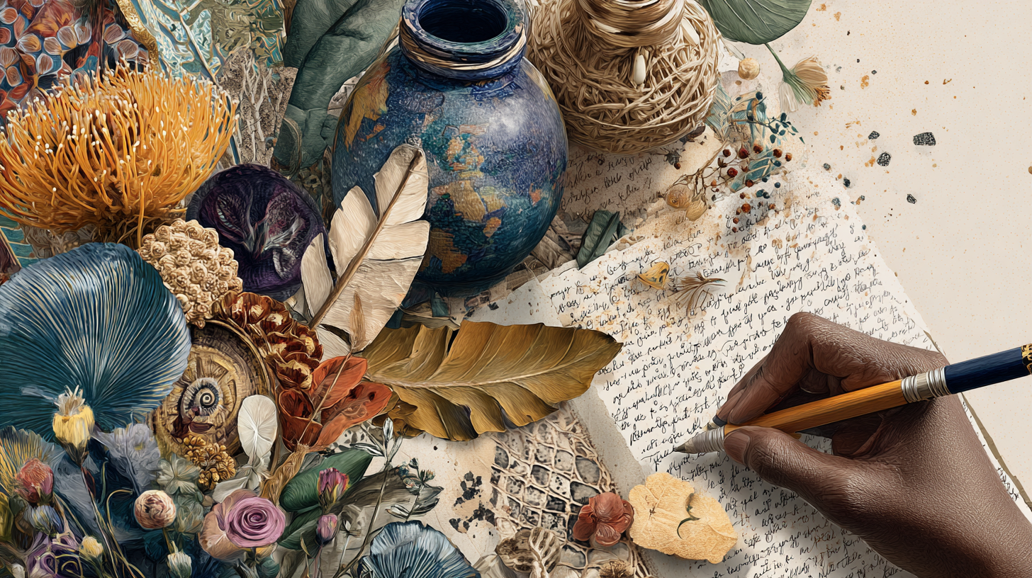 Decoragive illustration: flowers, feathers, clay pots, and a hand writing in cursive on paper.