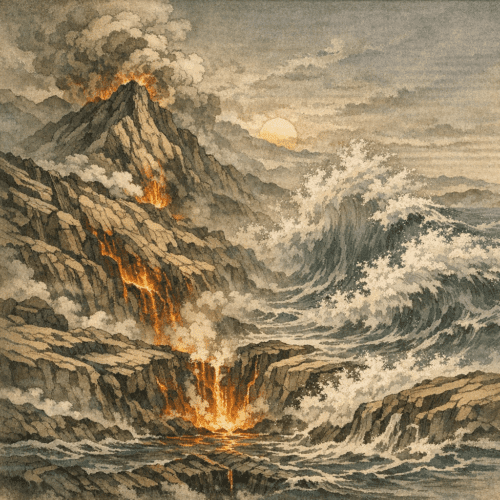 AI illustration based on the poem "Tectonic" and imitating Japanese art from the  Edo period.