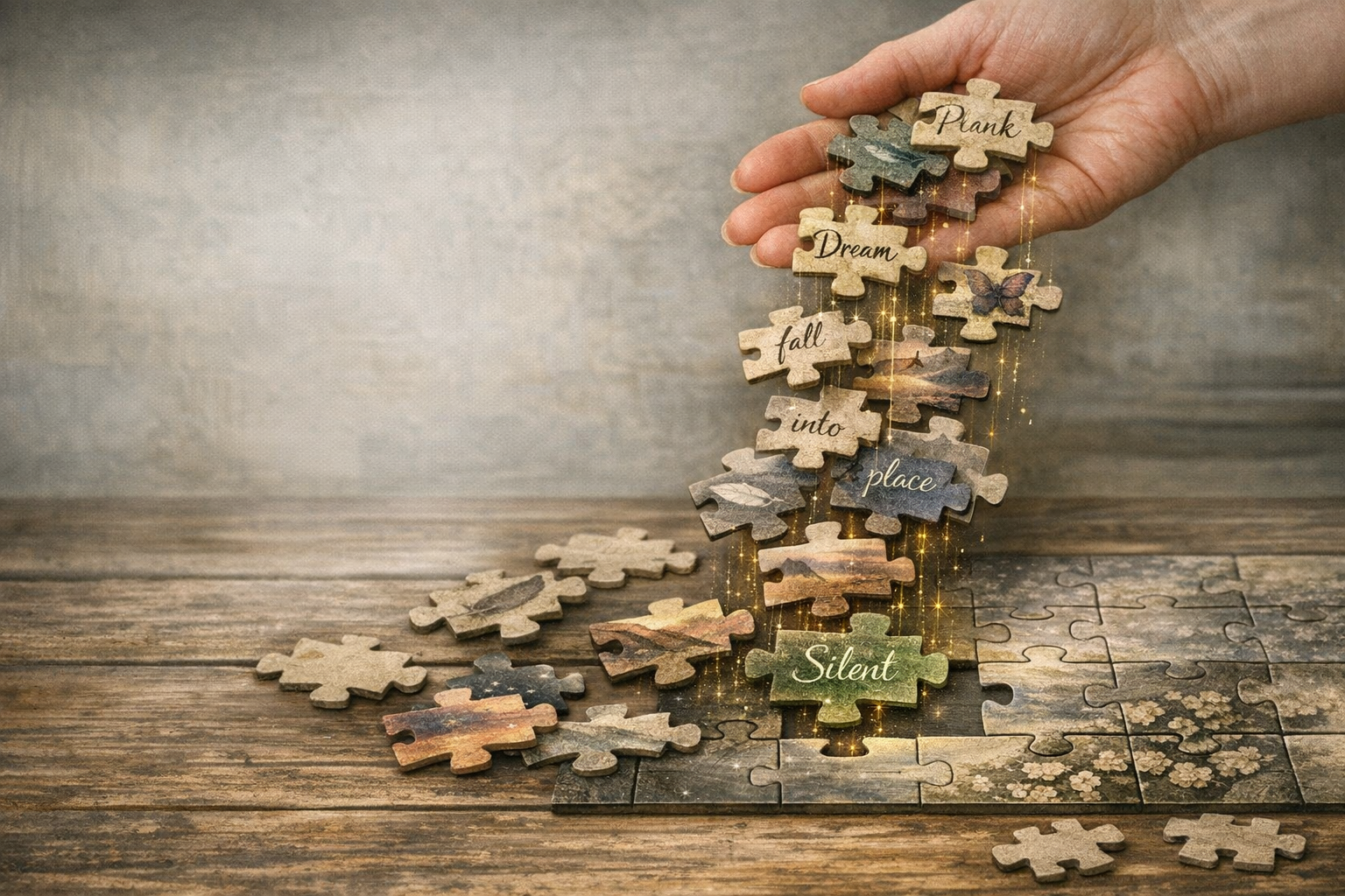 Illustration (decorative only) of puzzle pieces falling from a hand into place.