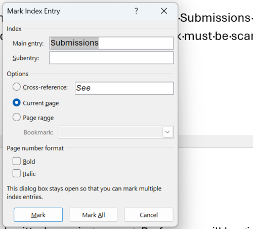 MS Word Index Entry Dialog