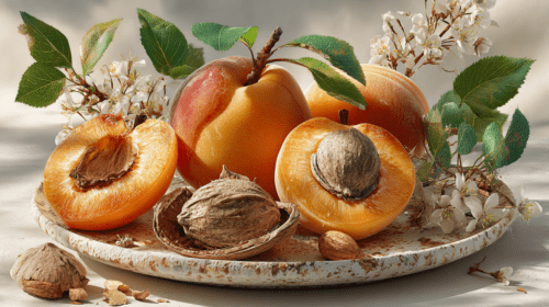 Illustration (decorative) of apricots on a plate.