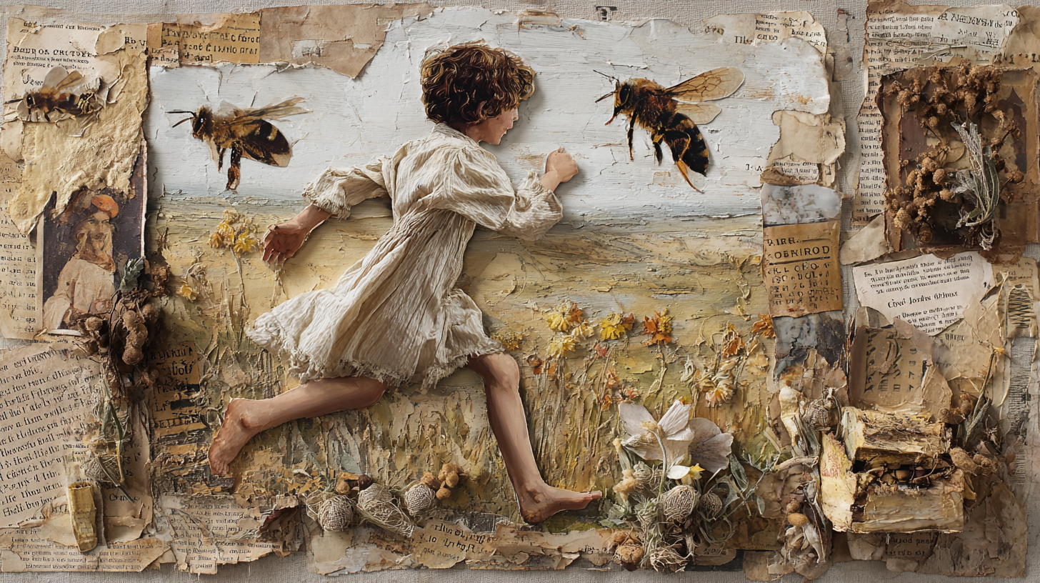 Illustration (decorative) - a colloage showing a girl running barefoot and large bees