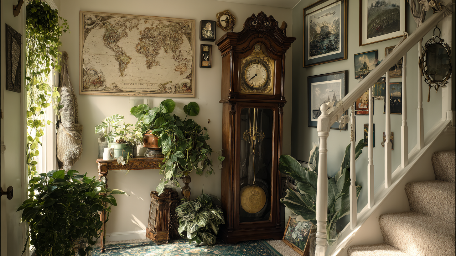Illustration (decorative) shows a hallway with a large grandmother clock.