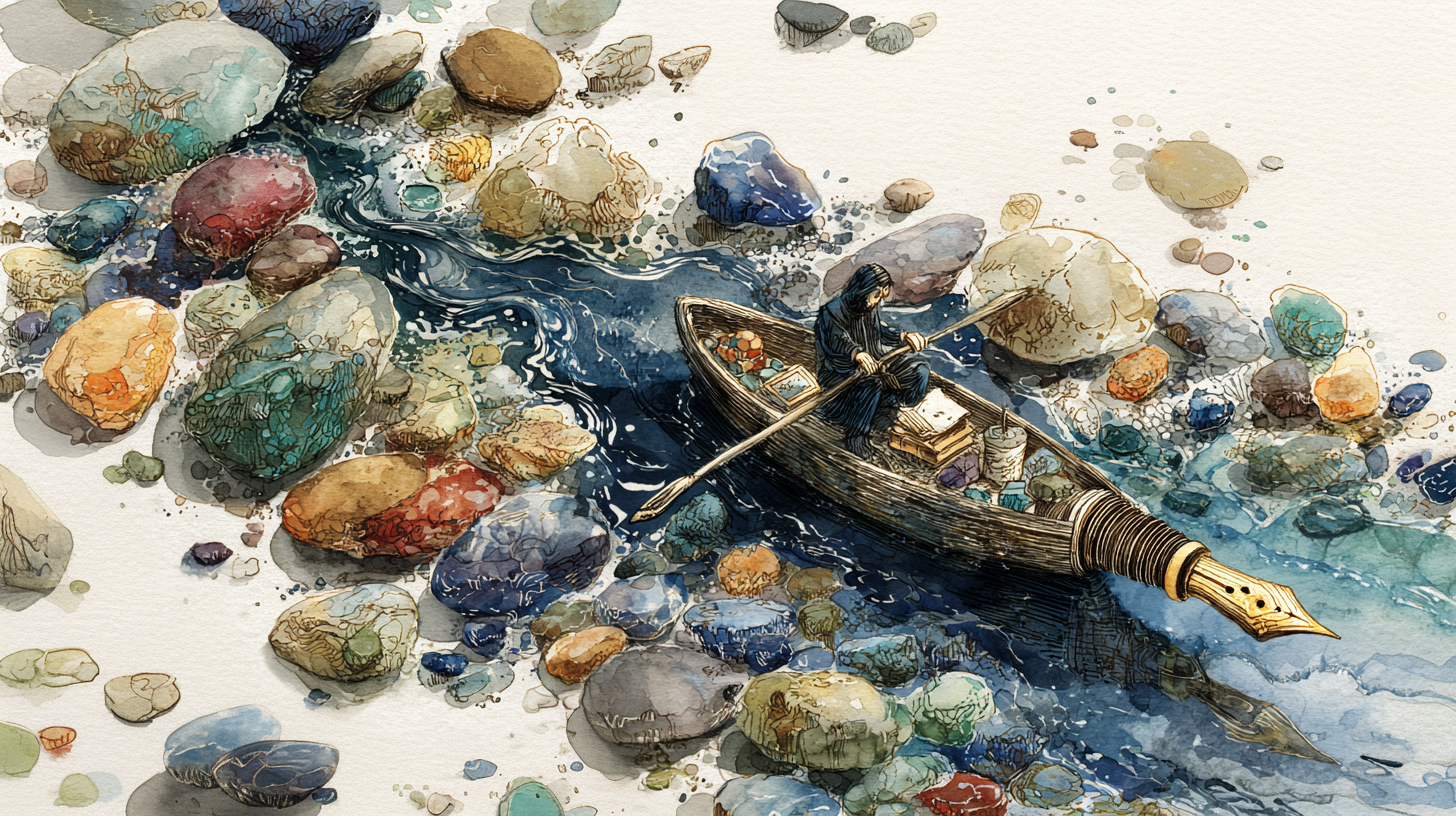 Illustration (decorative) of a poet afloat on a translucent river of ink over smooth and colorful stones in a boat that looks like a fountain pen.