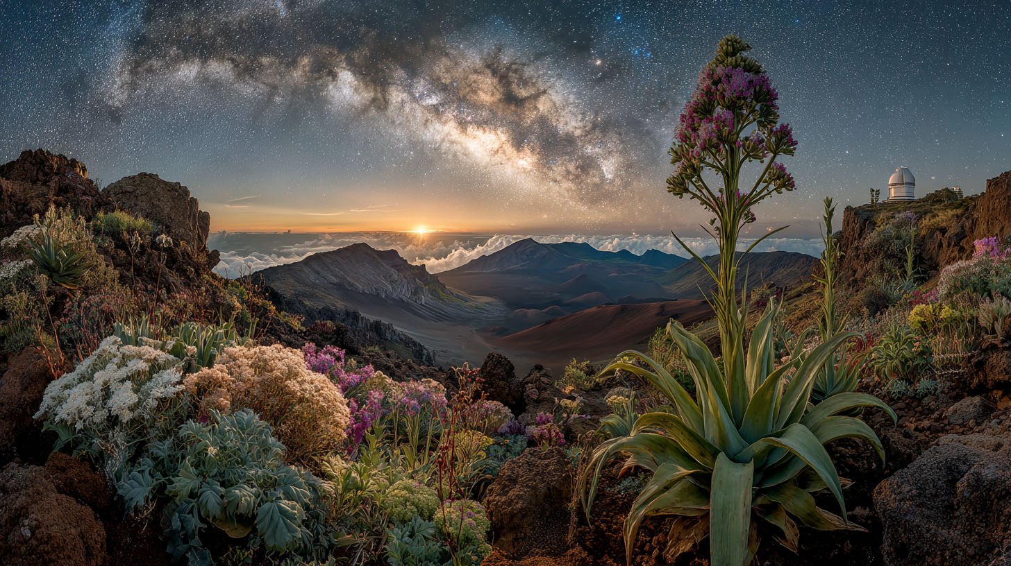 Illustration (decorative) a fanciful, artistic rendition of a volcanic crater suggested by Haleakala at sunrise showing both sunrise and the milky way galaxy and a blooming silversword and an observatory.