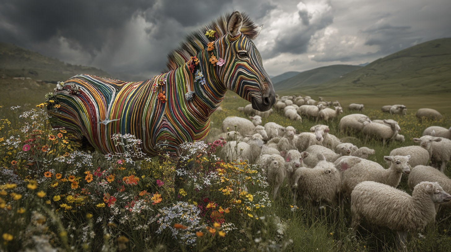 Illustration (decorative) a multicolored zebra stands in a patch of colorful wildflowers surrounded by sheep as a storm gathers on the horizon